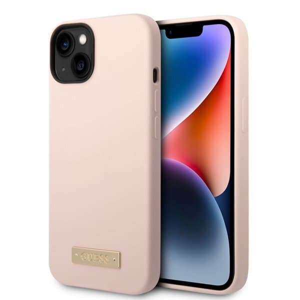 Guess iPhone 14 Plus Cover Silicone Metal Plate MagSafe Lyserød
