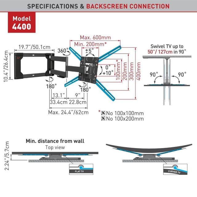 Barkan Flat/ Curved TV Wall Mount 4400 Vægmontering, Fuld bevægelse, 40-80 ", Maksimal vægt (kapacitet) 50 kg, Sort