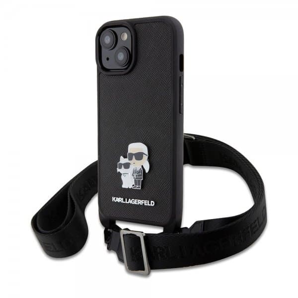 Karl Lagerfeld iPhone 15 Cover Saffiano Karl & Choupette Crossbody Sort