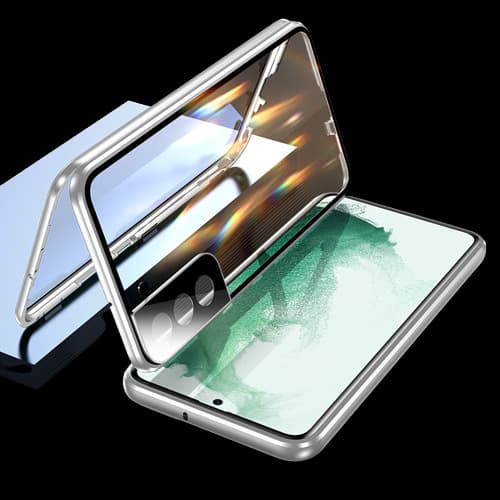 Dobbeltsidet spænde anti-kiggeri telefontaske med linsebeskytter til Samsung Sølv  Samsung S23 Ultra
