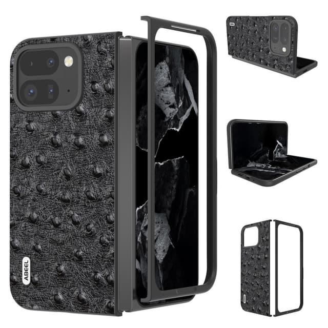 ABEEL til Google Pixel 9 Pro Fold 5G Etui Ægte Læder + PC Mobilcover med Strudsetekstur - Sort