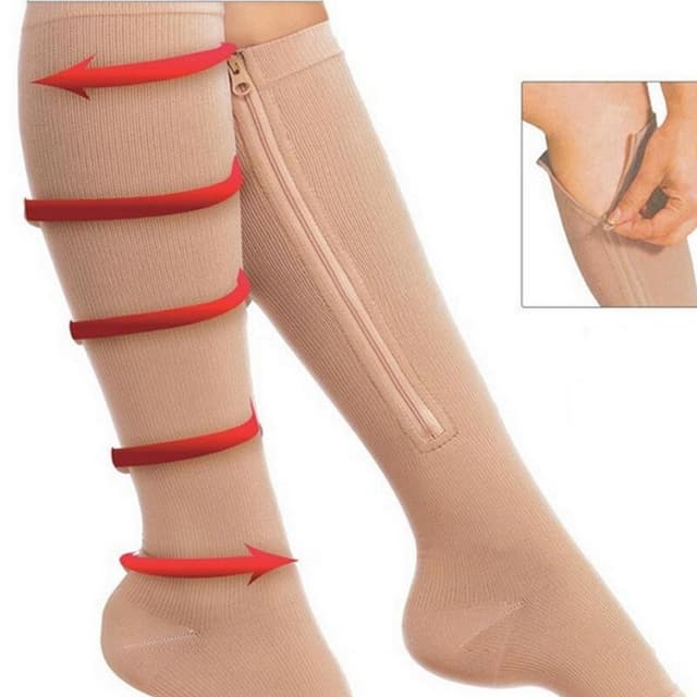 Kompressionsstrømper med lynlås og åben tå i nylon/spandex beige str. S/M 1 par