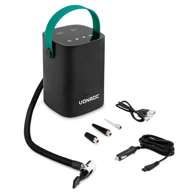 VONROC Kompressor 12V - med indbygget akku - Opladelig | Digital display / måler | Inkl. Tilbehør