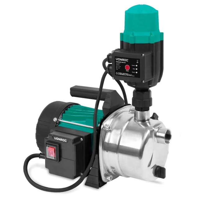 VONROC Vandpumpe - hydrophore pumpe / Automatisk pumpe - 1000W | Max højde 44mtr. | 3500l/t | Med trykafbryder
