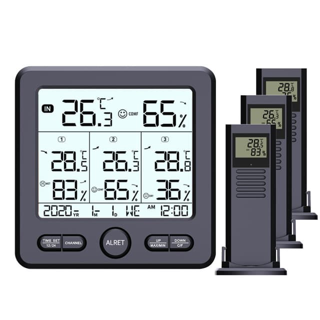 Digitalt termometer / hygrometer med 3 fjernsensorer Sort
