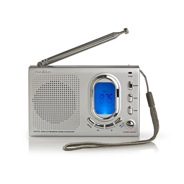 Nedis Verdensmodtager Radio | Bærbart design | AM / FM / SW | Batteri / Strømforsyning | Digital | 1.5 W | Hovedtelefonudgang | Vækkeur | Sleep timer | Grå
