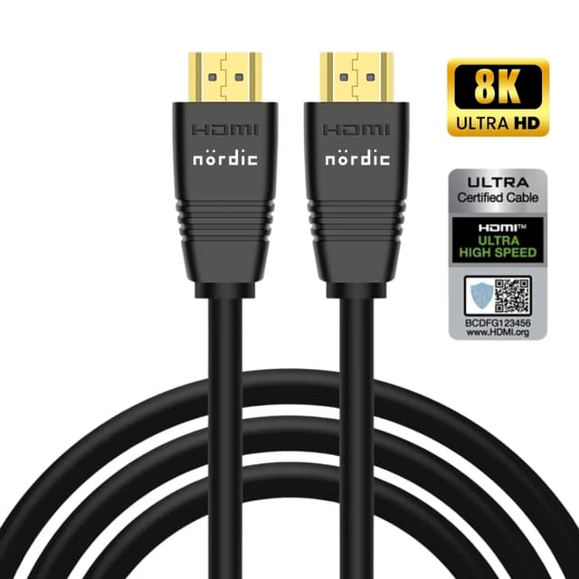 NÖRDIC CERTIFIED CABLES 5m Ultra High Speed ​​​​HDMI2.1 8K 60Hz 4K 120Hz 144Hz 48Gbps Dynamic HDR eARC Game Mode VRR Dolby ATMOS guldbelagt PVC sort
