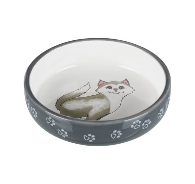 Katteskål til kortnæsede racer, keramik, 0,3 l/ø 15 cm, grå/hvid, Trixie