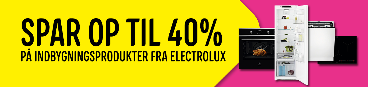 Spar op til 40% på et stort udvalg af indbygningsprodukter fra Electrolux i perioden fra mandag d. 31.05.2021 t.o.m søndag d. 04.07.2021.