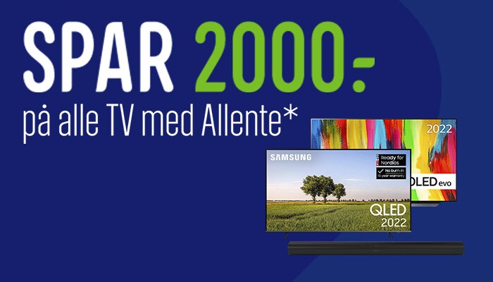 *Køb TV med Allente i perioden 01/11 – 30/11 og spar 2000,- på dit køb. Læs mere om muligheden via boksen i toppen af siden.