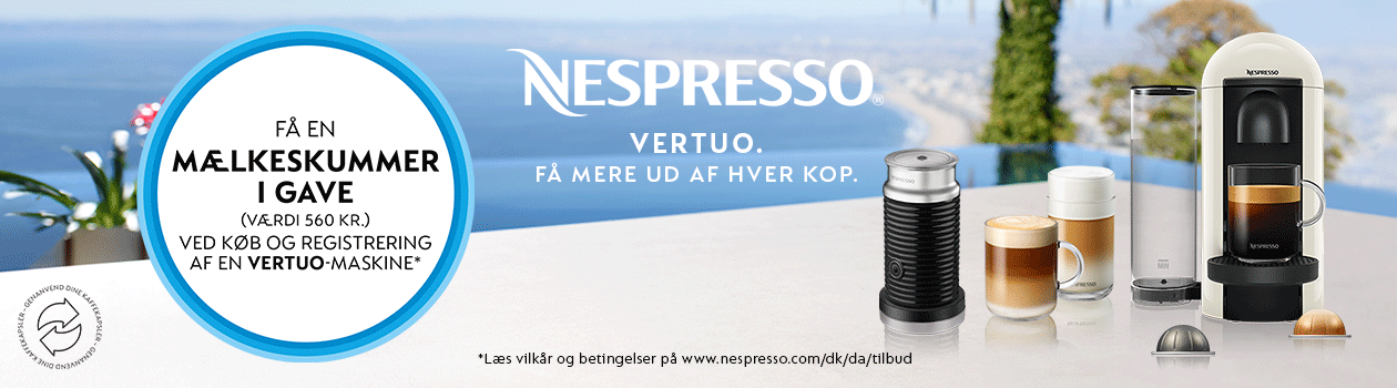 Få en mælkeskummer i gave ved køb og registrering af Nespresso Vertuo-kaffemaskiner Få en mælkeskummer i gave ved køb og registrering af Nespresso Vertuo-kaffemaskiner