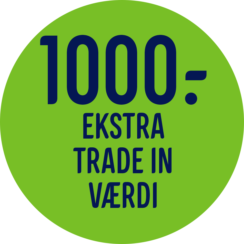 *Du kan nu få 1000 kr. ekstra i trade-in værdi (Gælder d. 06/05 - 02/06), når du samtidig indleverer dit gamle produkt. Tag ned i et af vores varehuse eller læs nærmere her, hvis du ønsker at vide mere om trade-in. Tilbuddet om trade-in gælder kun såfremt Macbook kan gennemføre alle trin i Trade-in processen.