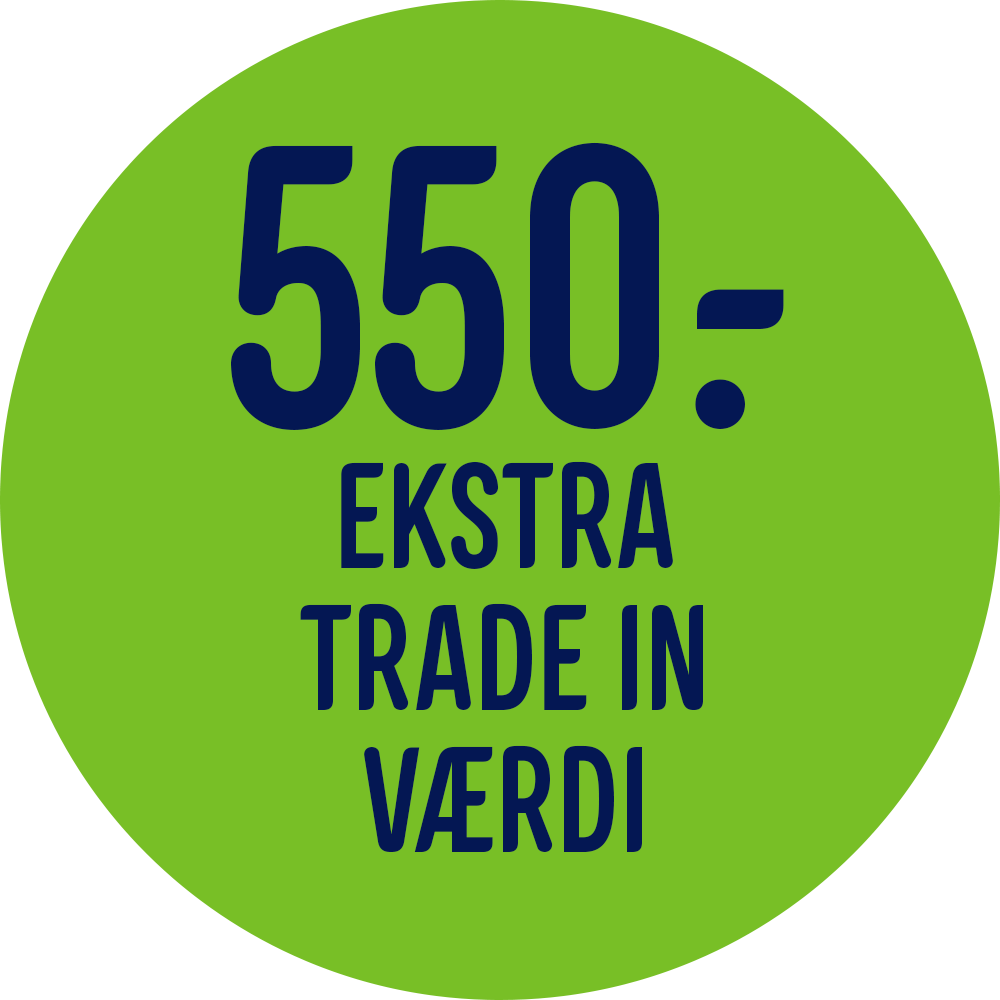 *Du kan nu få 550 kr. ekstra i trade-in værdi (Gælder d. 06/05 - 02/06), når du samtidig indleverer dit gamle produkt. Tag ned i et af vores varehuse eller læs nærmere her, hvis du ønsker at vide mere om trade-in. Tilbuddet om trade-in gælder kun såfremt iPad kan gennemføre alle trin i Trade-in processen.