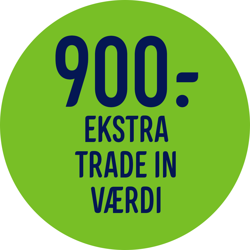 *Du kan nu få 900 kr. ekstra i trade-in værdi, når du samtidig indleverer din gamle iPhone. Tag ned i et af vores varehuse eller læs nærmere her, hvis du ønsker at vide mere om trade-in. Tilbuddet om trade-in gælder kun for iPhone 8 eller nyere.