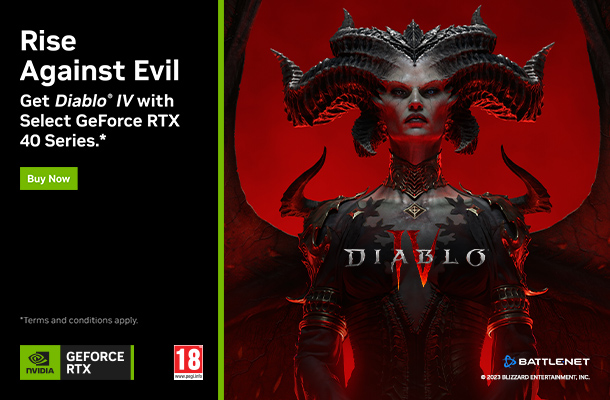 Registrer dit køb i GeForce Experience inden d. 13 juli 2023 og få Diablo IV samt in-game content med i købet. Begrænset til én kode pr. kunde til gratis digitalt download af Diablo IV på Battle.net. Læs hvordan her du indløser pakken her: 