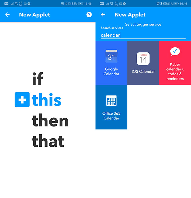 Synkroniser kalenderen med IFTTT – Trin 1 Screenshot af IFTTT-appen som viser det første trin af synkronisering af kalender