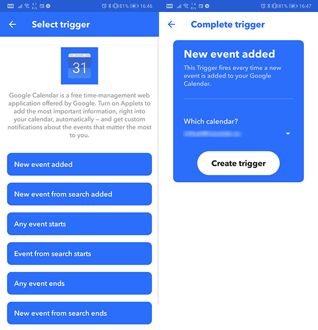 Synkroniser kalenderen med IFTTT – Trin 2 Screenshot af IFTTT-appen som viser andet trin af synkronisering af kalender