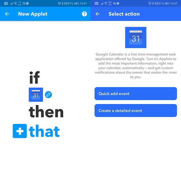 Synkroniser kalenderen med IFTTT – Trin 3 Screenshot af IFTTT-appen som viser tredje trin af synkronisering af kalender
