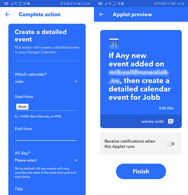 Synkroniser kalenderen med IFTTT – Trin 4 Screenshot af IFTTT-appen som viser fjerde trin af synkronisering af kalender