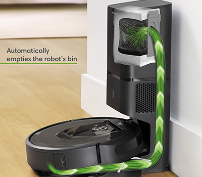Takket være automatisk tømning behøver du ikke at tømme robotstøvsugeren Billede af den eksterne støvbeholder samt tømningsprocessen i Roomba i7 Plus