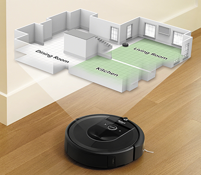 Ved hjælp af Imprint™ Smart Mapping lærer Roomba i7+ hele dit hjem at kende Illustation af Imprint™ Smart Mapping i robotstøvsugeren Roomba i7 Plus. Den lærer hele dit hjem at kende
