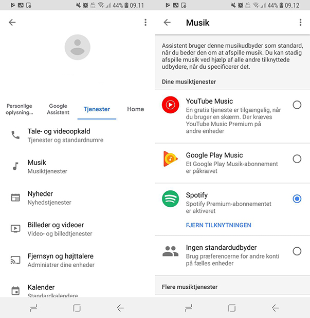 Kobl musikstreamingtjenester til Google Assistant Screenshot af Google Home-appen med musikstreamingtjenester.