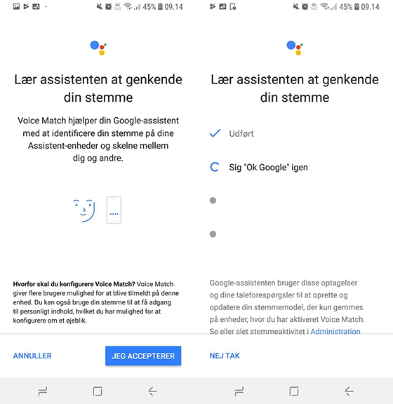 Lær Google Assistant at genkende din stemme Screenshot fra Google Home-appen som viser Voice Match-funktionen