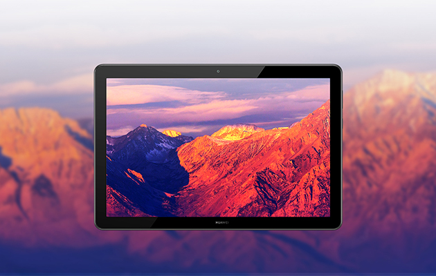 Imponerende 1200p Full HD-Skærm Produktbillede af MediaPad T5 med baggrundsbillede af bjerkæde