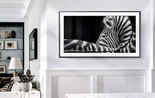 HDR 10+ giver dig detaljer i de lyseste og mørkeste scener på en måde du ikke har set før The Frame hænger på en væg med billede af en zebra
