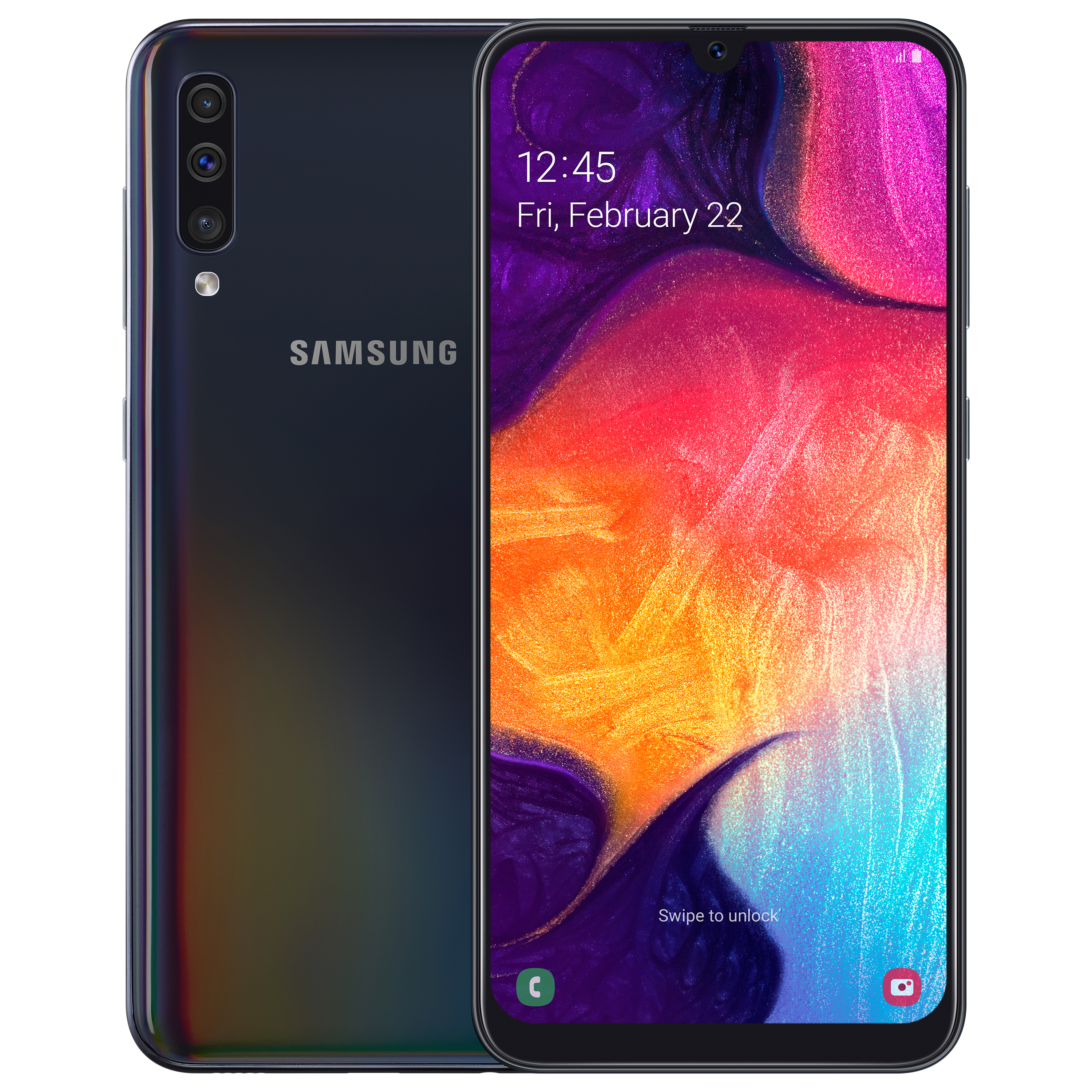 Samsung Galaxy A50 står for kamera Produktbillede af Samsung Galaxy A50 i farven sort