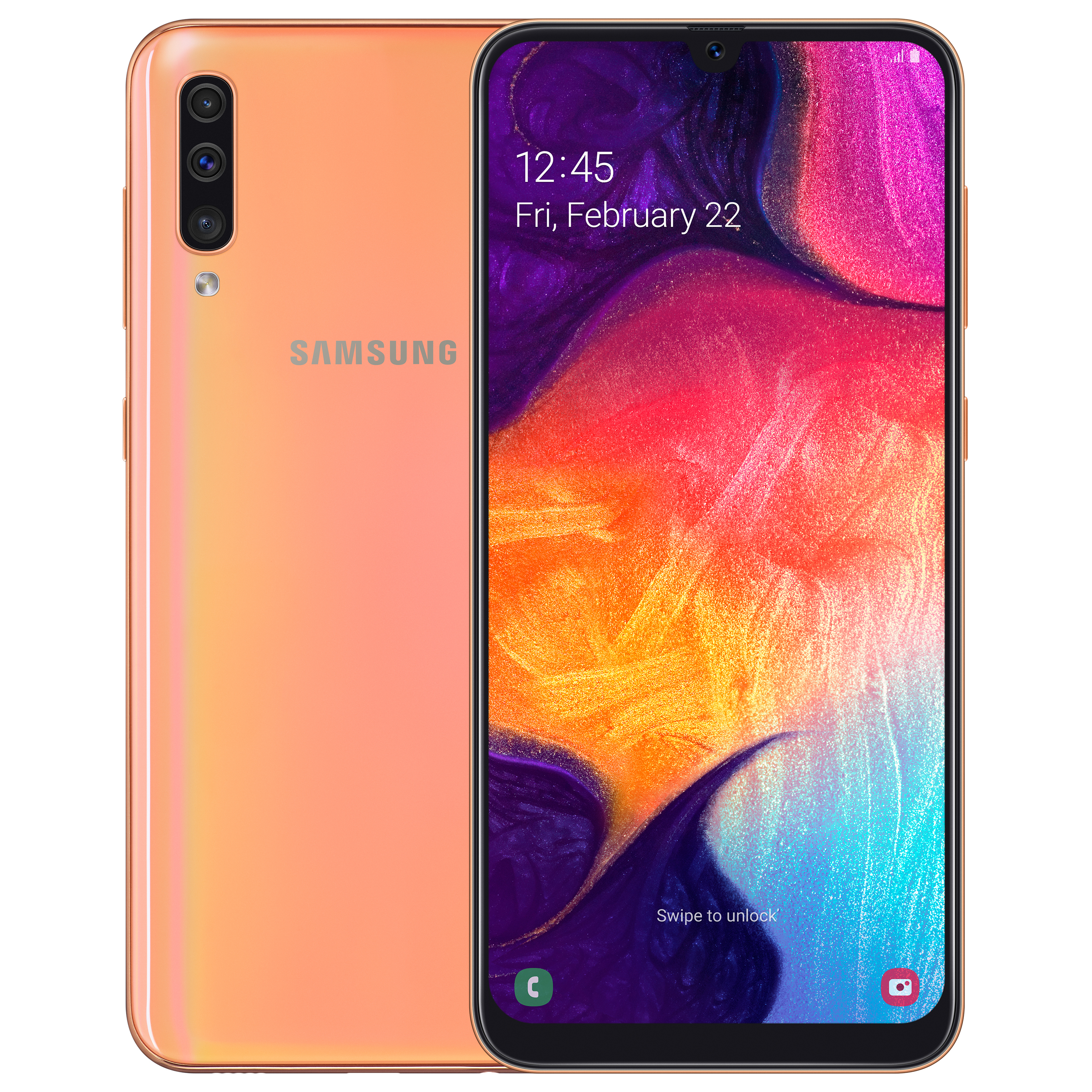 Samsung Galaxy A50 står for batteri Produktbillede af Samsung Galaxy A50 i farven koral