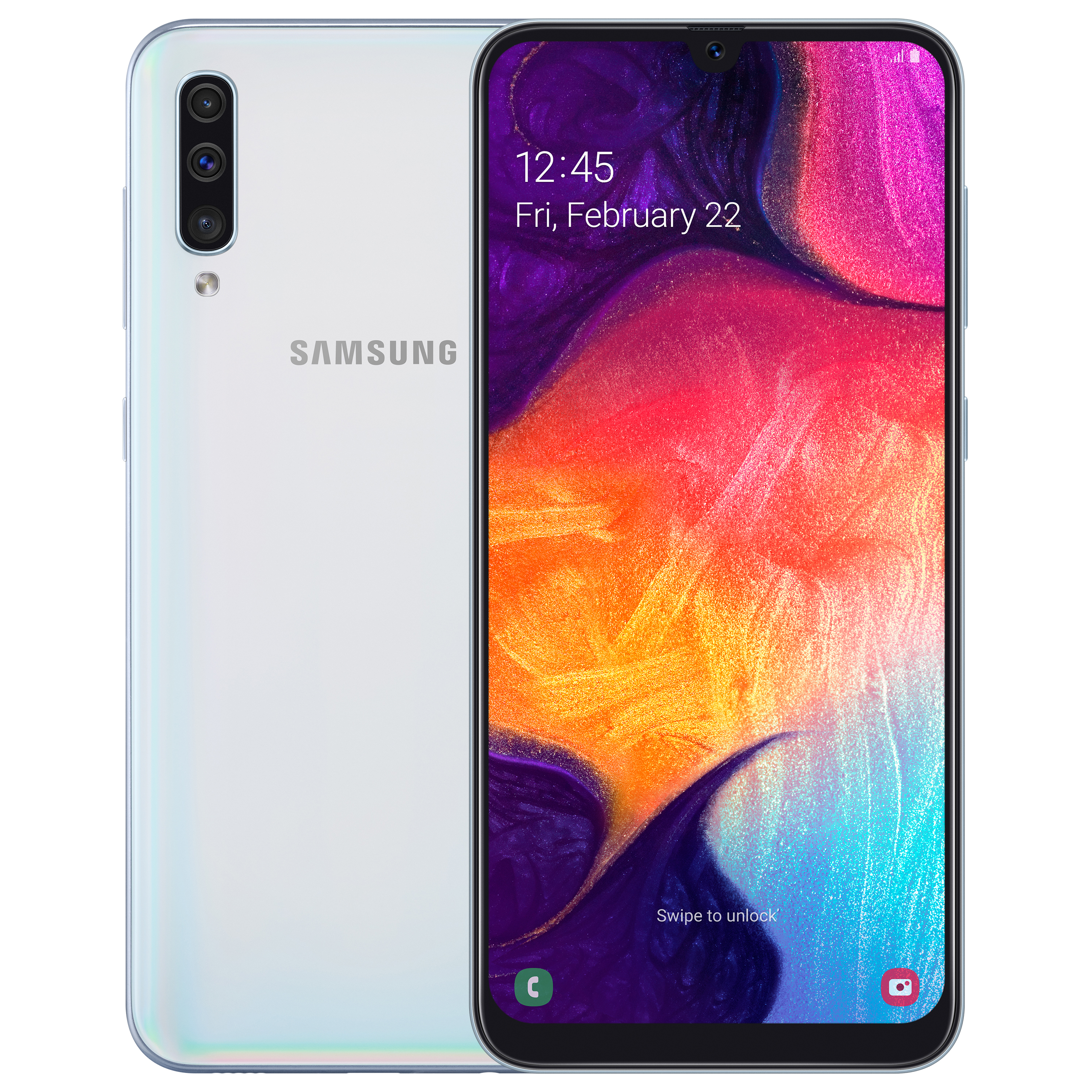 Samsung Galaxy A50 står for design Produktbillede af Samsung Galaxy A50 i farven hvid