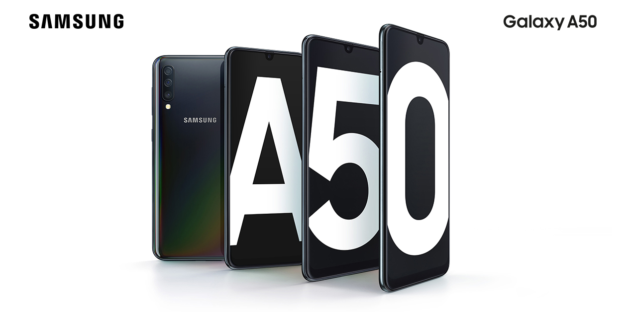 Nyheden Samsung Galaxy A50 har mere af det, du virkelig har brug for Fire Samsung Galaxy A50 smartphones på et banner