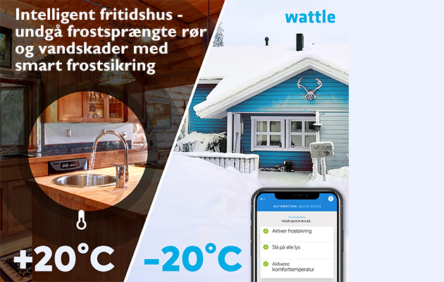 Takket være Wattle slipper du frostskader i firtidshuset Billede af fritidshus med tekst om Wattle cabin