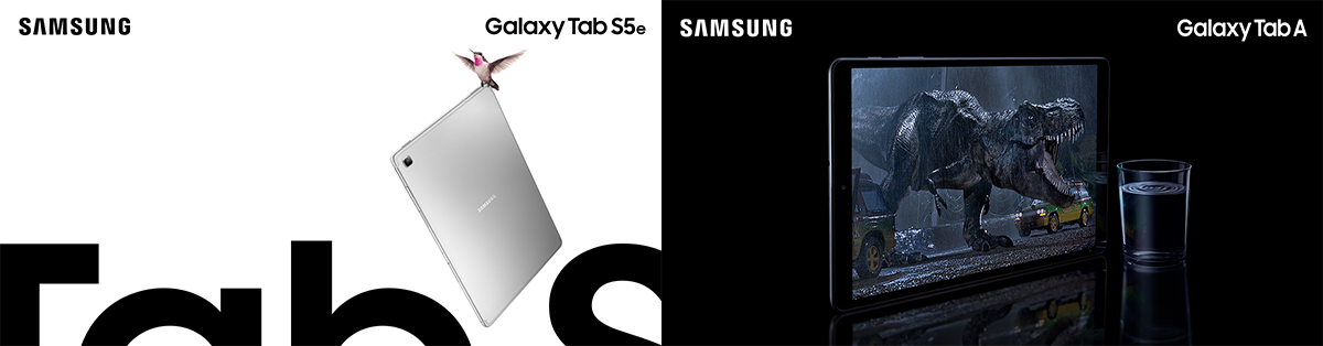 Samsung Galaxy Tab S5e og Galaxy Tab A Samsung Galaxy Tab S5e holdt op af en kolibri og Galaxy Tab A, der viser en T-Rex på skærmen, som brøler, hvilket får et glas vand til at ryste