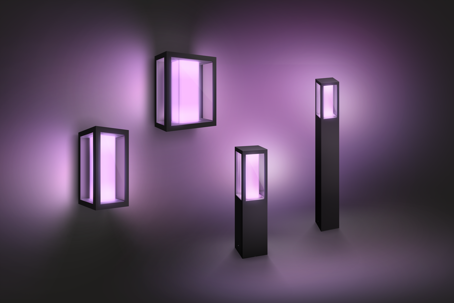 Fire Philips Hue Impress-lamper i forskellige størrelser og med lilla lys