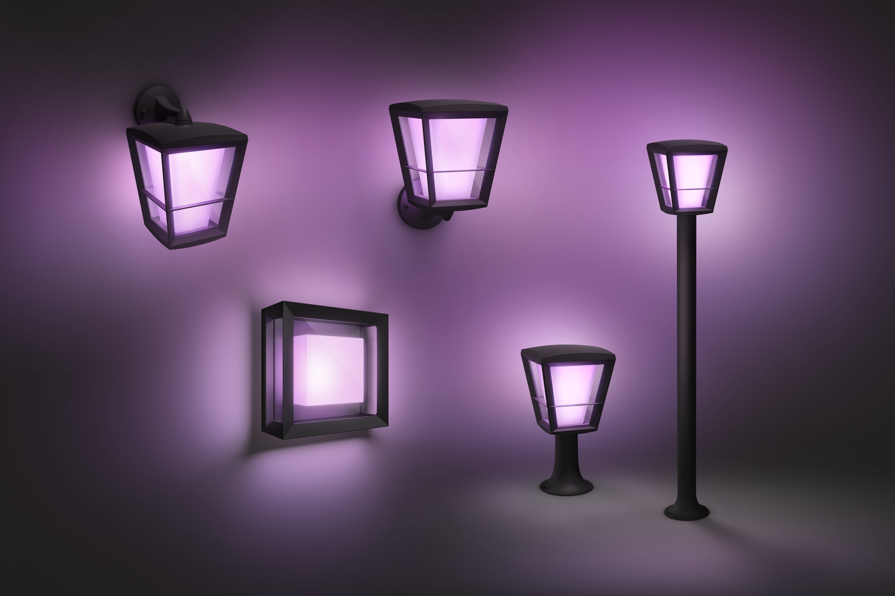 Fem Philips Hue Econic-lamper i forskellige størrelser og med lilla lys