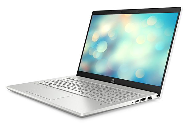 Praktisk og komfortabel HP Pavilion 14 set skråt forfra med en farverig baggrund på skærmen