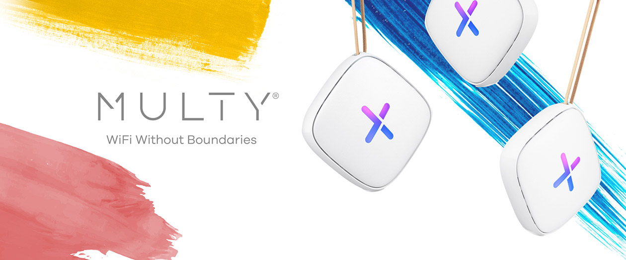 Multy U WiFi System Tre Multy U noder på en farverig baggrund