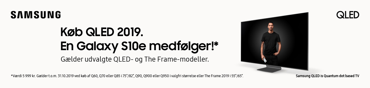 Køb QLED 2019. En Galaxy S10e medfølger! Samsung Kampagne-banner