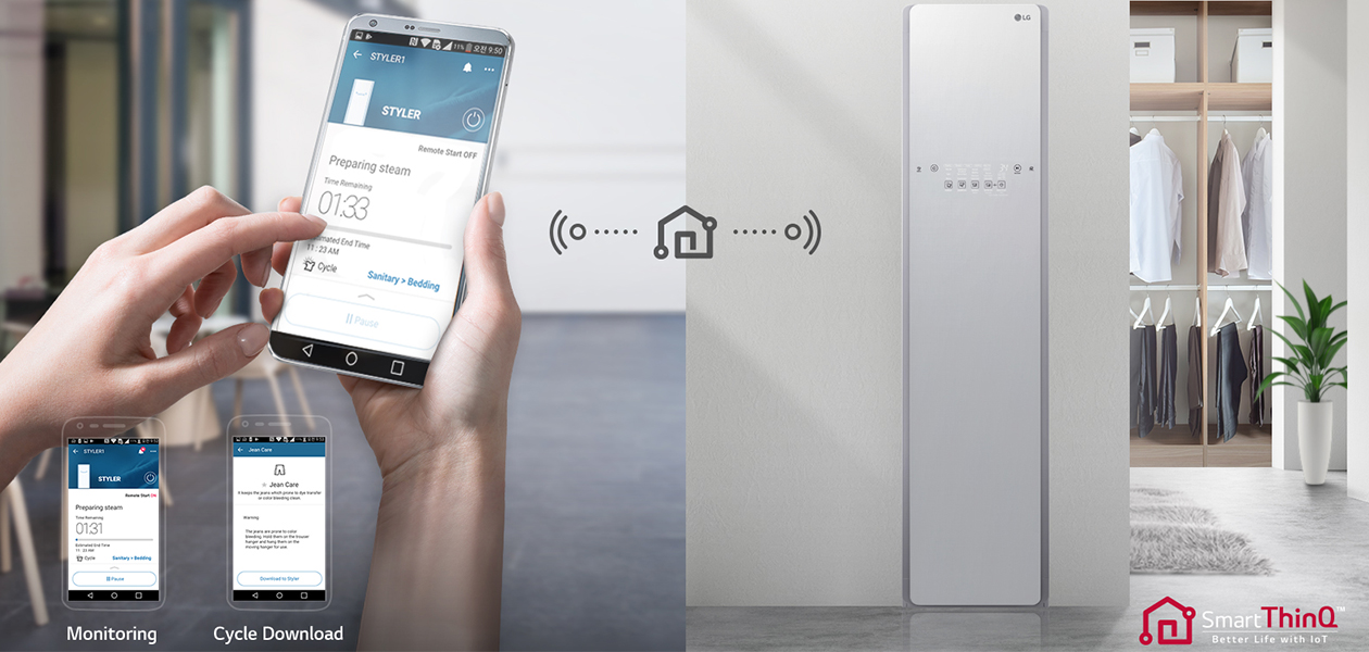 SmartThinQ™ med Wi-Fi Hænder holder en mobiltelefon. Illustrationer og LG Styler i baggrunden
