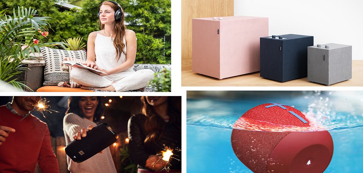 Hvad er aktiv støjreduktion, Bluetooth, multiroom og Dolby Atmos? Firedelt billede med kvinde med høretelefoner og højttalere i forskellige farver