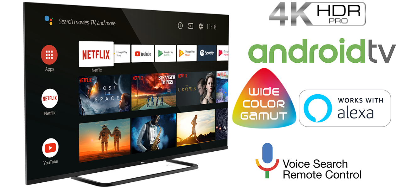 EP68-serien kombinerer et rammeløst, slankt metaldesign med 4K HDR PRO-billedkvalitet, Dolby Vision og Android 9.0. Menuen til EP68-serien fra TCL