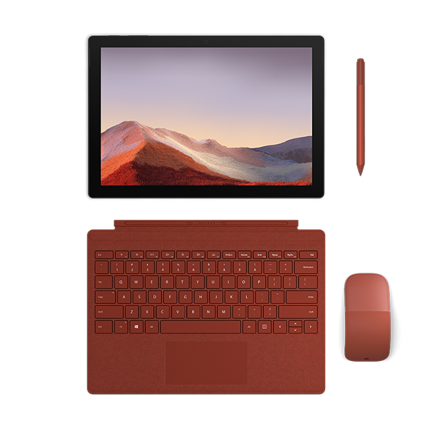 Surface Pro 7 er næste generations bærbare computer En Surface Pro 7 som ligger fladt og som har et rødt tasatatur samt en pen