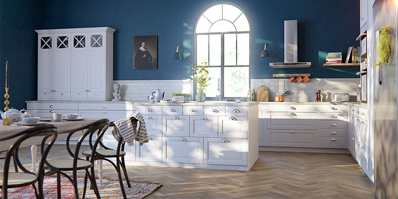 Fasett Classic White passer godt ind i alt fra herregårdsstilen til herskabslejligheder og sommerhuse Epoq-køkkenet Fasett i farven Classic White