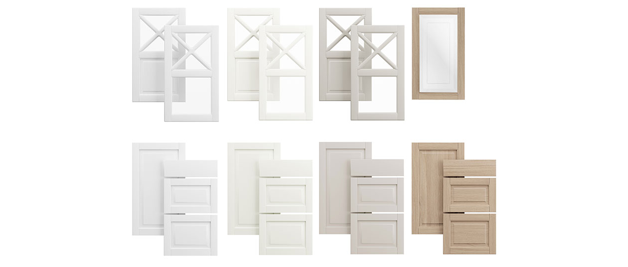 Fasett Classic White, Offwhite, Grey og Natural Oak Epoq-fronter af typen Fasett