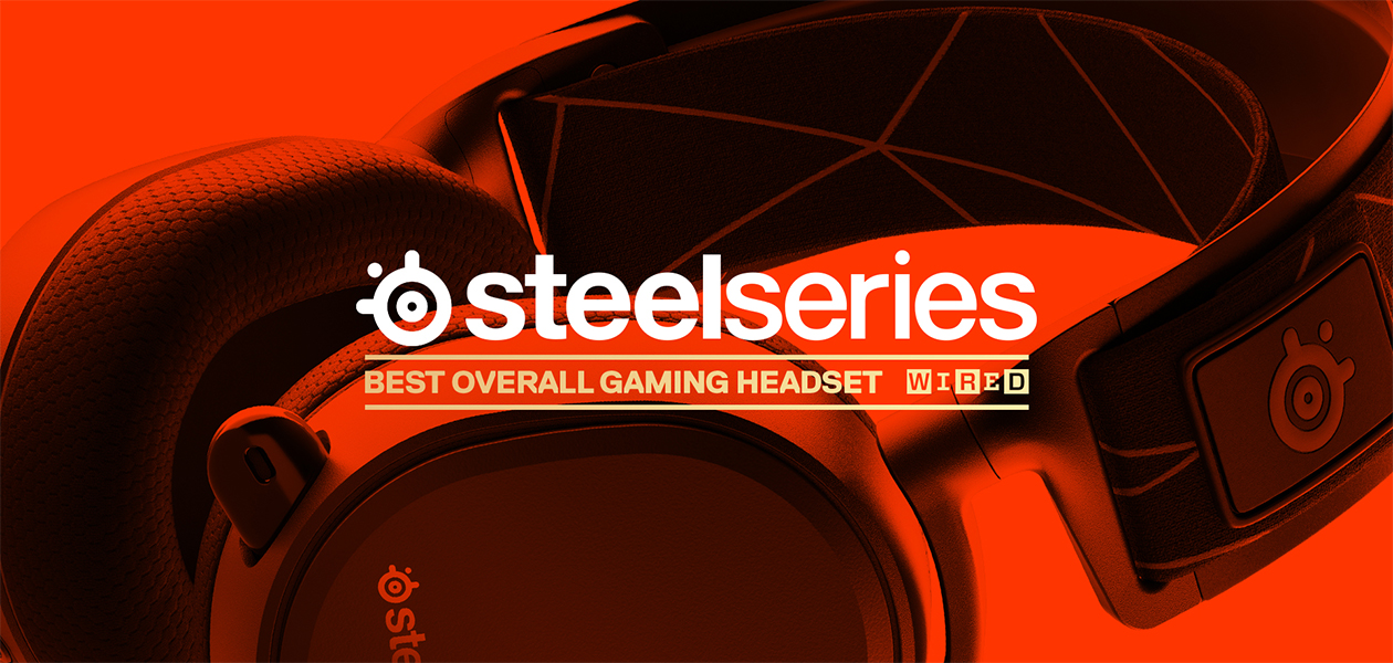 SteelSeries gaming-headsets Sort headset på rød baggrund med SteelSeries logo henover