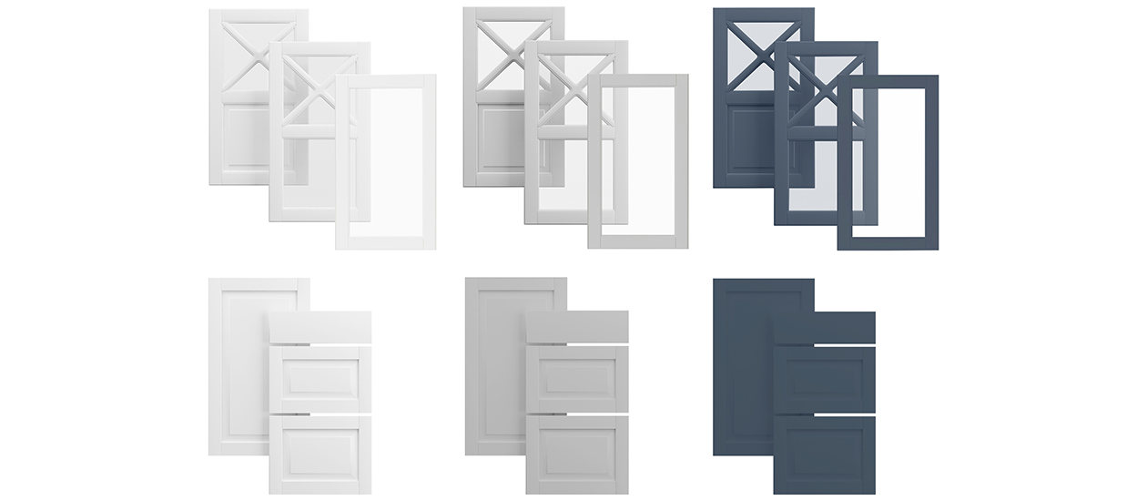 Epoq-fronter af typen Heritage Classic White, Light Grey og Blue Grey Epoq-fronter af typen Heritage Classic White, Light Grey og Blue Grey