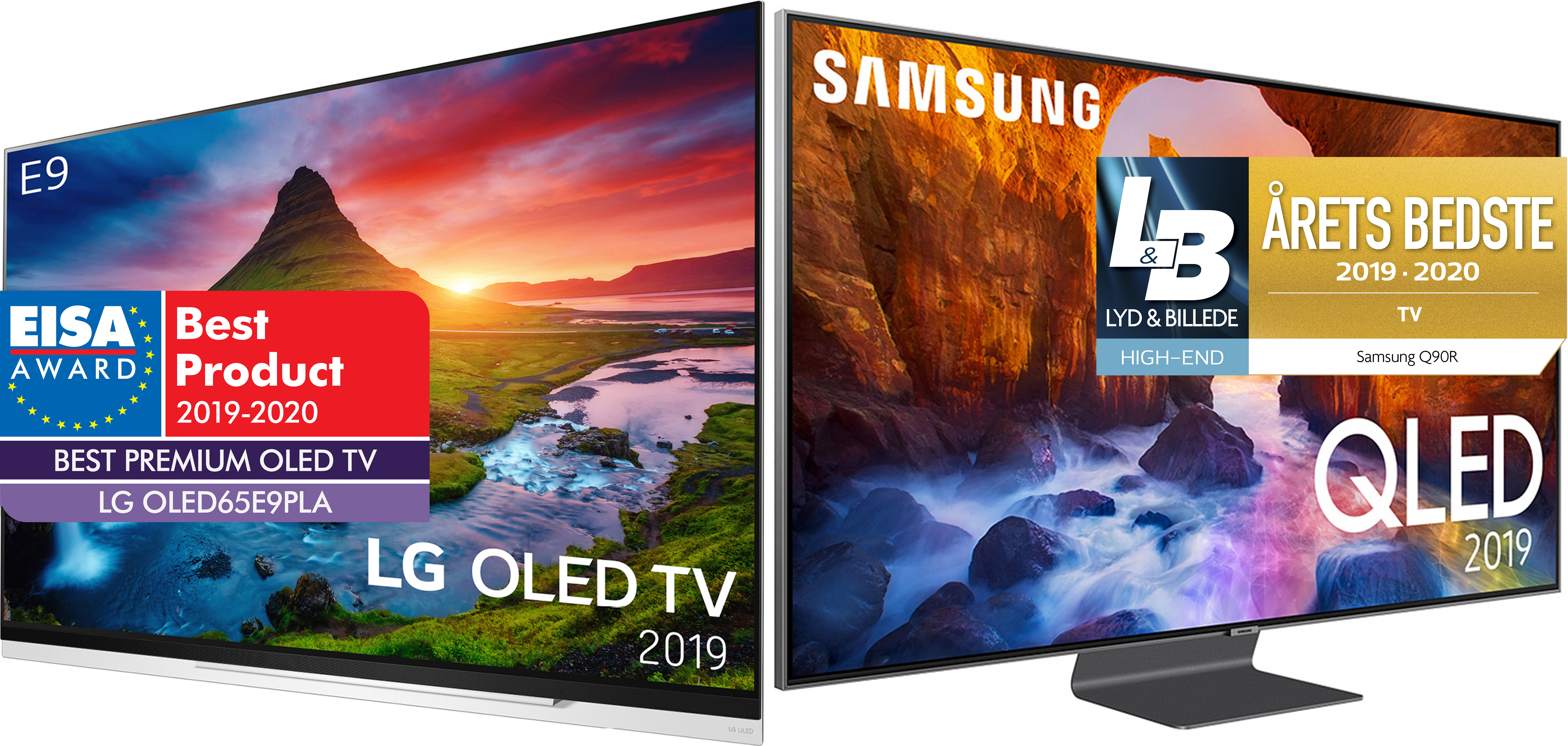 Elgiganten har bedst-i-test-TV’er i alle størrelser og prisklasser Billede af to tv’er med bedst-i-test-logoer