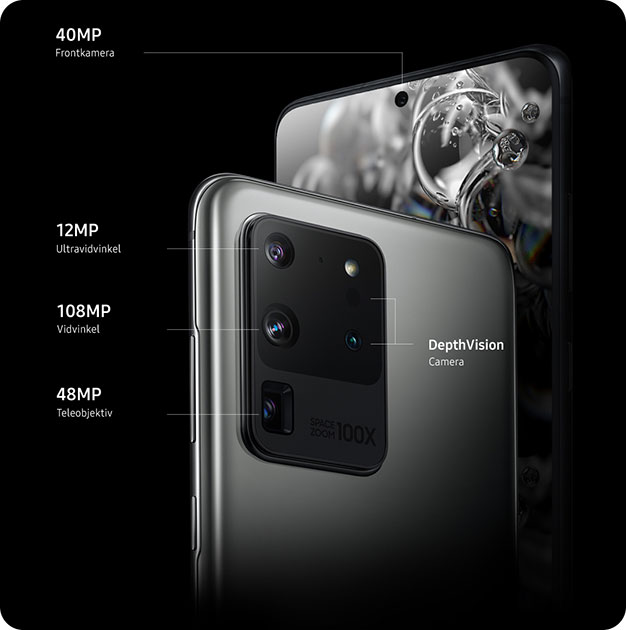 Samsungs bedste kameratelefon til dato, hvilket sikrer billeder og film i professionel kvalitet Samsung Galaxy S20 Ultra bagfra i farven sort
